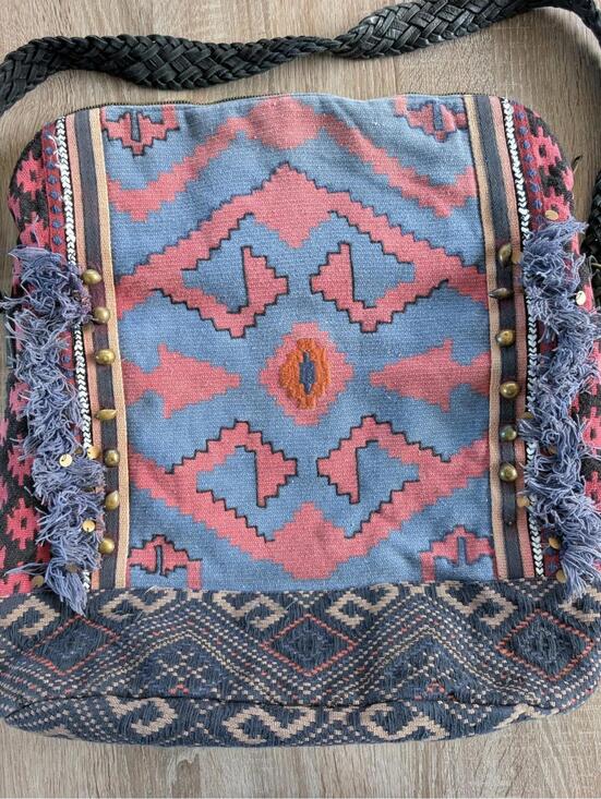 Free People Tapestry Foldover Tote Fringe Boho Tribal Leather Strap Shoulder Bag - Picture 5 of 8